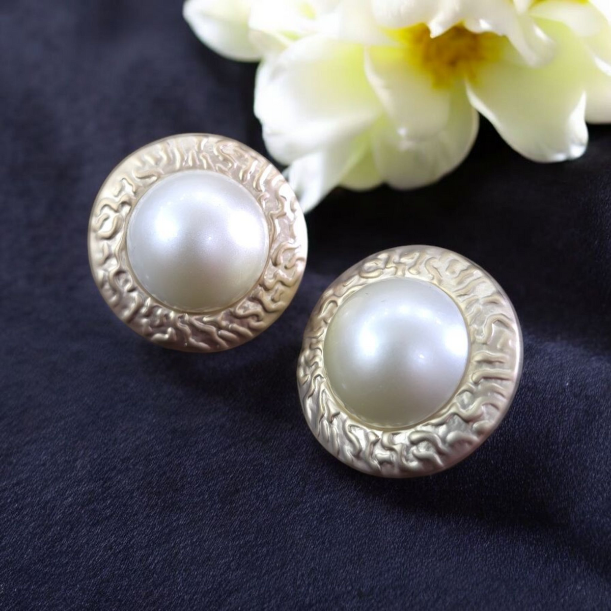 Gilded Medallion Pearl Studs