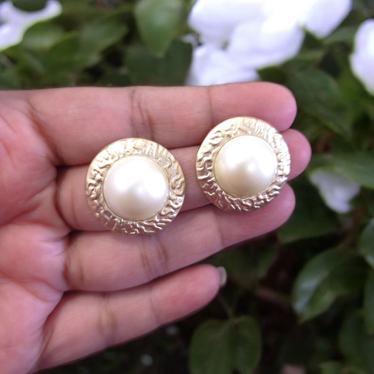 Gilded Medallion Pearl Studs